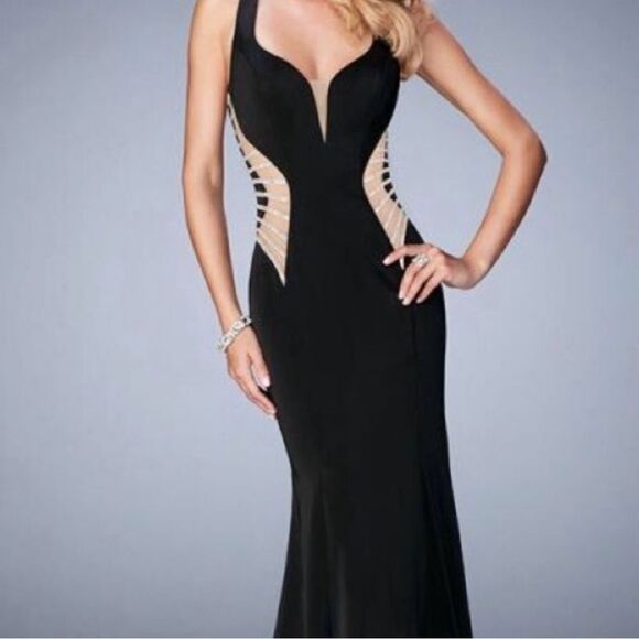 La Femme Sleeveless Mesh Cut Out Bling Formal Full Length Black Evening Dress 8 - Picture 3 of 16